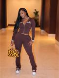 Printed zipper hooded top set FC1624