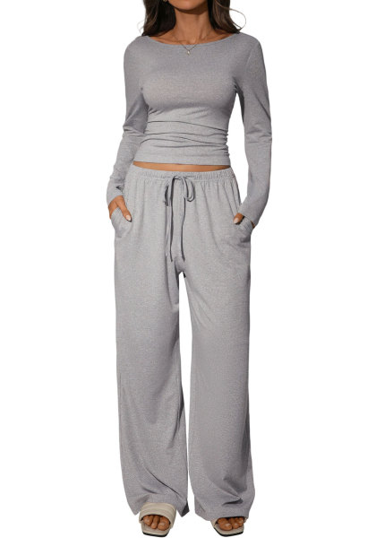 Two piece set of loose fitting wide leg pants with beautiful back TFE8124-H