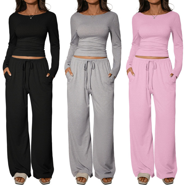 Two piece set of loose fitting wide leg pants with beautiful back TFE8124-H
