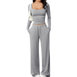 Square collar long sleeved short top and long pants set TFE8112-H