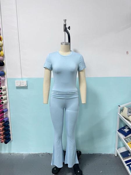 Flip collar short top yoga bell bottom pants set H0386