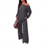 Shoulderless long sleeved top and wide leg pants two-piece set TS8163