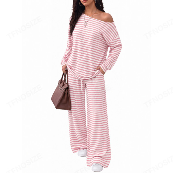 Shoulderless long sleeved top and wide leg pants two-piece set TS8163