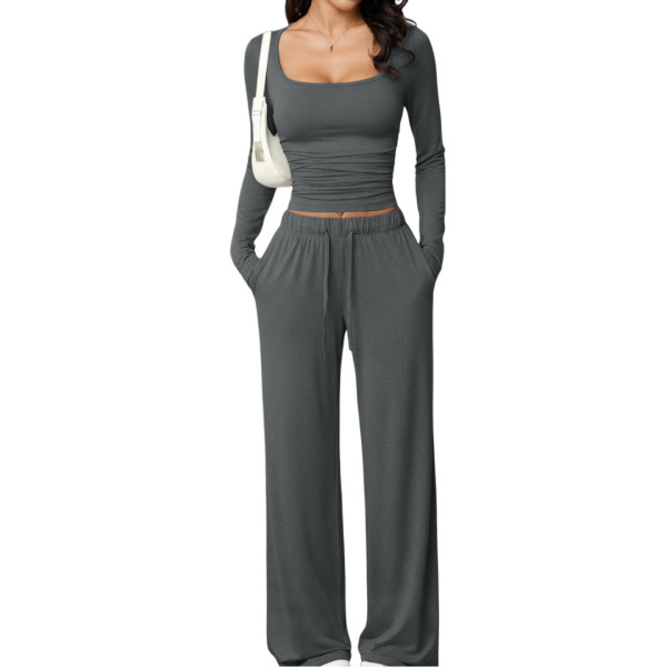 Square collar long sleeved short top and long pants set TFE8112-H