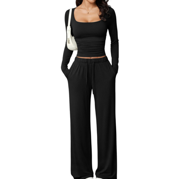 Square collar long sleeved short top and long pants set TFE8112-H