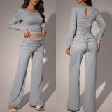 Two piece set of crop top and pants with exposed navel TFE8145-H