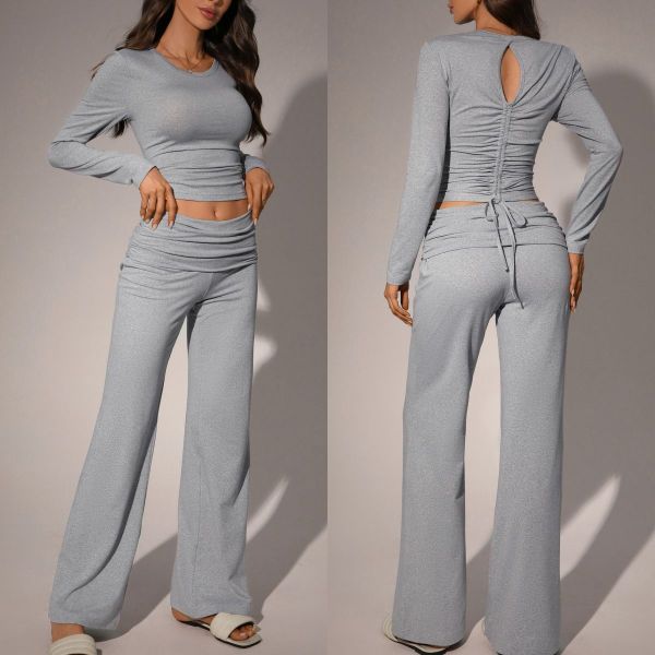 Two piece set of crop top and pants with exposed navel TFE8145-H