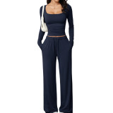 Square collar long sleeved short top and long pants set TFE8112-H