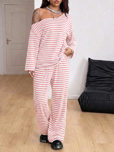 Shoulderless long sleeved top and wide leg pants two-piece set TS8163