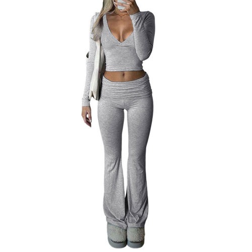 Deep V-short long sleeved sports top, high waisted yoga bell bottom pants 2-piece set TFE8146