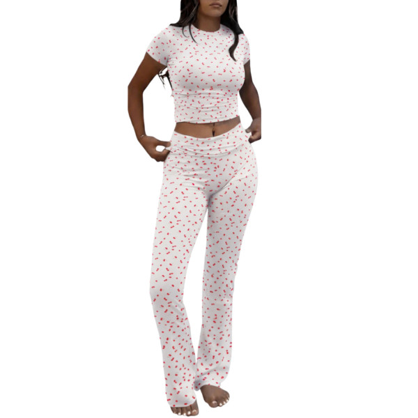Flip collar short top yoga bell bottom pants set H0386