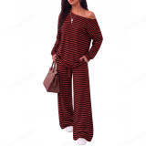 Shoulderless long sleeved top and wide leg pants two-piece set TS8163