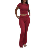 Flip collar short top yoga bell bottom pants set H0386