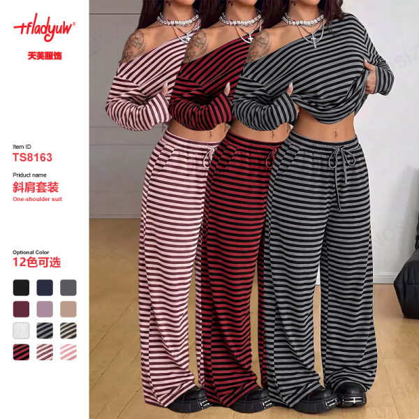Shoulderless long sleeved top and wide leg pants two-piece set TS8163