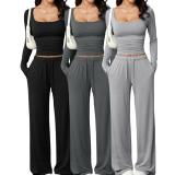 Square collar long sleeved short top and long pants set TFE8112-H