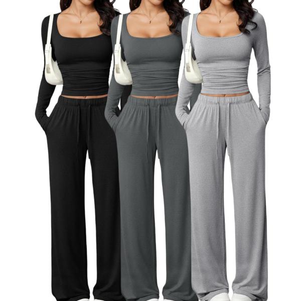 Square collar long sleeved short top and long pants set TFE8112-H