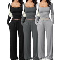 Square collar long sleeved short top and long pants set TFE8112-H Square collar long sleeved short top and long pants set TFE8112-H