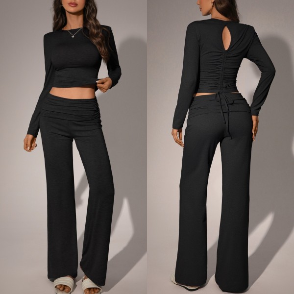 Two piece set of crop top and pants with exposed navel TFE8145-H
