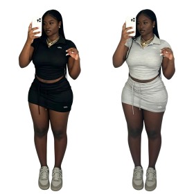 Flip collar embroidered short top, hip lifting short bag skirt set J5326