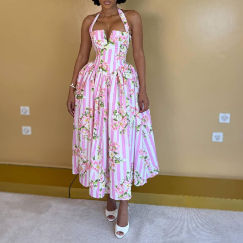 Printed large swing long skirt with neck tie and waist cinching dress F1074124758275