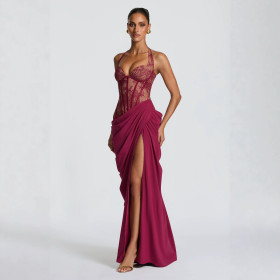 Strap jumpsuit long skirt solid color lace hip hugging dress F1059011656743