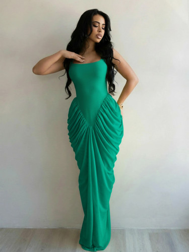 Strap waist cinched chiffon pleated hip hugging dress G0781