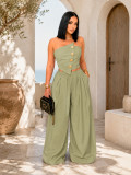 Strapless irregular gold button top, high waist loose pants two-piece set G0785