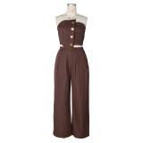 Strapless irregular gold button top, high waist loose pants two-piece set G0785