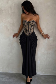 Chest sexy lace pleated extra long dress dress JH26460P