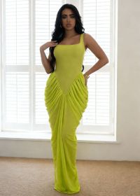 Strap waist cinched chiffon pleated hip hugging dress G0781