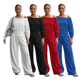 Off shoulder sweatshirt set, loose wide leg pants, sports two-piece set AL374