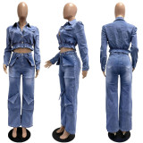 Micro elastic multi pocket wash denim suit CM61023