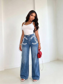 High waisted denim wide leg pants embroidered straight leg pants W1083065754138