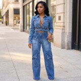 Micro elastic multi pocket wash denim suit CM61023