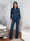 Long sleeved formal straight leg wide leg denim jumpsuit AJ4508