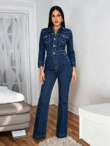 Long sleeved formal straight leg wide leg denim jumpsuit AJ4508 Long sleeved formal straight leg wide leg denim jumpsuit AJ4508