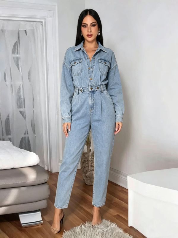 Long sleeved formal straight leg wide leg denim jumpsuit AJ4509