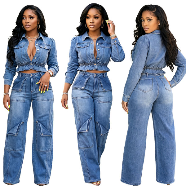 Micro elastic multi pocket wash denim suit CM61023