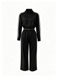 Flip collar zipper long sleeved wide leg long pants two-piece set SR018