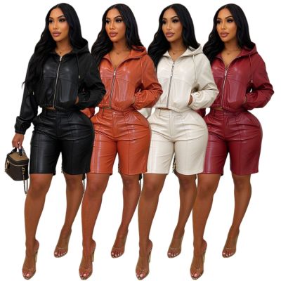 Leather jacket with hat, long sleeved jacket, shorts set AL338