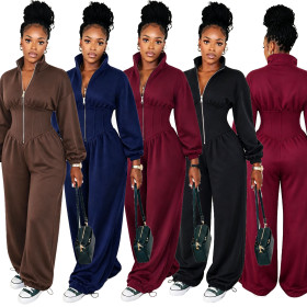 Zipper high neck adjustable wide leg waistband jumpsuit CM61012