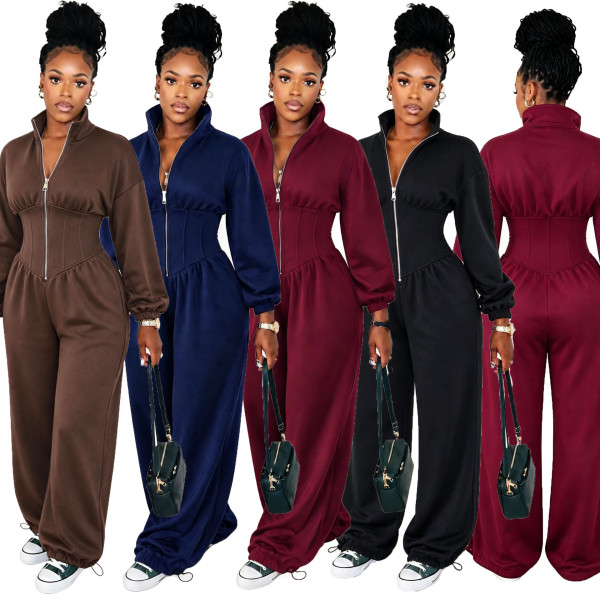 Zipper high neck adjustable wide leg waistband jumpsuit CM61012