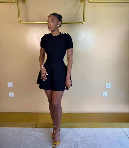 Knitted dress short sleeved high waisted A-line skirt A1043663310843