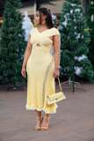 One shoulder lace patchwork A-line knitted dress A1008872536131