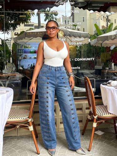Make old metal pork rib buckle loose curved knife jeans wide leg pants long pants A1082446089803