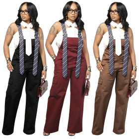 Work pants with striped shoulder straps and wide leg jumpsuit S391718