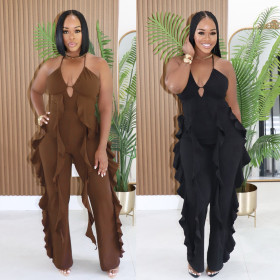 Hanging neck deep V jumpsuit with ruffled edges on the side and slightly flared jumpsuit A7626
