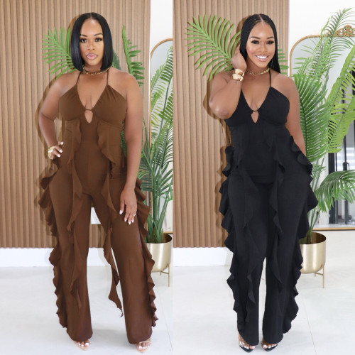 Hanging neck deep V jumpsuit with ruffled edges on the side and slightly flared jumpsuit A7626