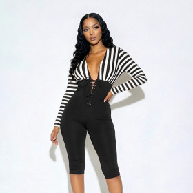 Deep V-stripe long sleeved lace up waist jumpsuit J26JP479