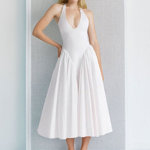 Hanging neck V-neck solid color pleated dress A848324197468